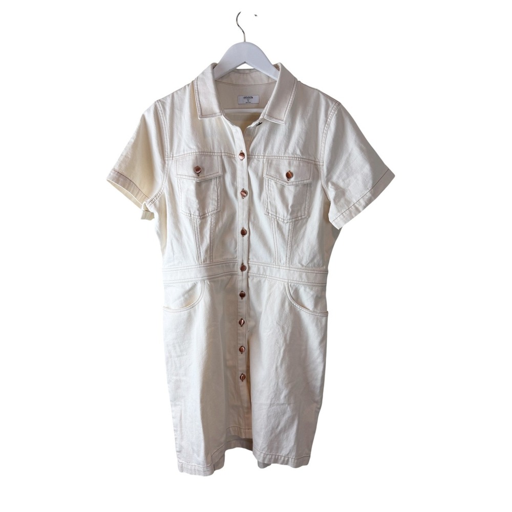 UNTUCKit Callie Tan Denim Shirt Dress Short Sleeve Button Front Size 14 41426‎